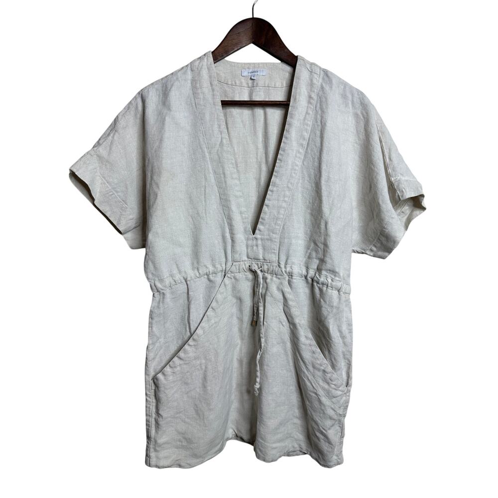 Venroy 100% Linen V Neck Drawstring Utility Mini Dress Pockets size S
